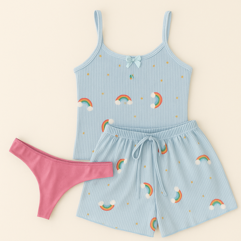 ✨LANÇAMENTO✨ Baby Doll Azul com estampa de Arco Íris + Mimos