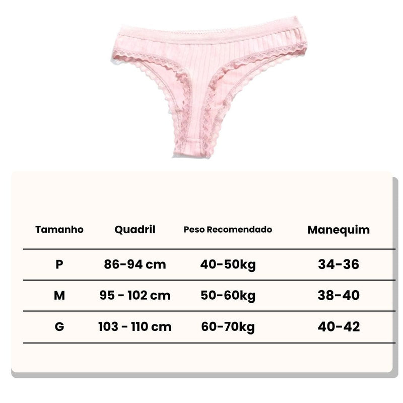 Kit 05 Calcinhas de Algodão Canelado com Renda fio conforto - Liana