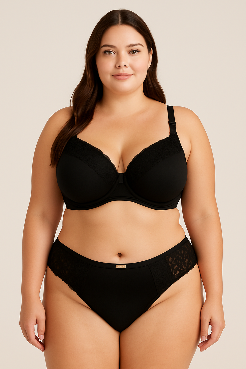 Conjunto Plus Size: Calcinha e Sutiã de Poliamida PRETO Alta sustentação