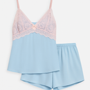 Baby Doll Princesa: Poliamida Azul celeste e Renda Rosa Bebê