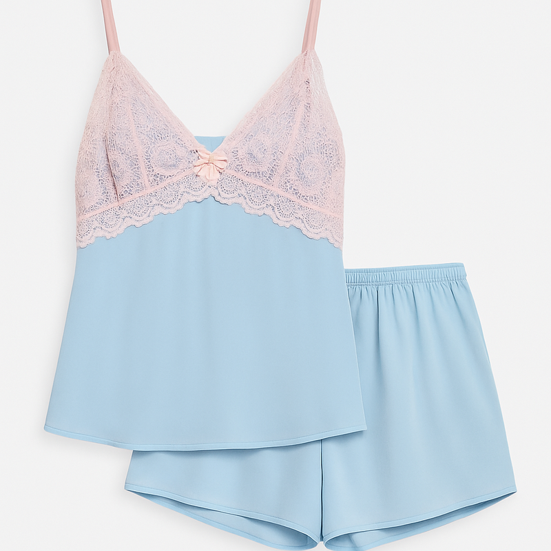 Baby Doll Princesa: Poliamida Azul celeste e Renda Rosa Bebê