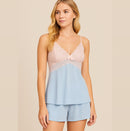 Baby Doll Princesa: Poliamida Azul celeste e Renda Rosa Bebê